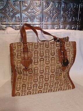 Vintage Etienne Aigner Tan and Cream Monogram Canvas Tote Vontage